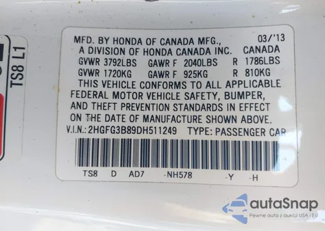 2013 Honda Civic Ex from USA, damaged, VIN 2HGFG3B89DH511249